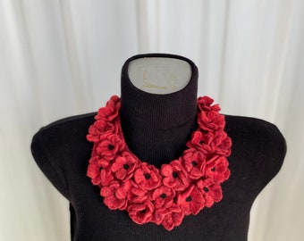 Red Felted Flower Necklace: Embroidered Merino Wool Jewelry
