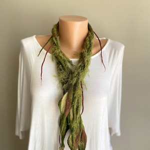 Woodland forest necklace, Whimsical boho wearable art, Long tree accessory, Leaf moss costume, Elf Druid Fairy Witch Mother Earth necklace