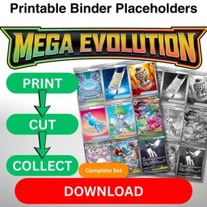 Puede incluir: Marcadores de carpeta imprimibles con el texto "Mega Evolution". La imagen muestra un conjunto de cartas coleccionables coloridas y un conjunto en blanco y negro. Las instrucciones incluyen "Imprimir", "Cortar" y "Coleccionar", con un botón "Descargar".