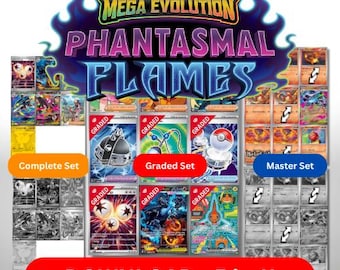 Pokémon-Sammelkartenspiel 5-in-1 Binder Seiten Mega Evolution - Phantastische Flammen ME02 - Master & Komplettsets (Farbe / Graustufen) + Graded Overlay (Farbe)