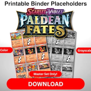 Raccoglitore segnaposto Pokémon GCC Master Set Pagine PDF Scarlet e Violet Paldean Fates Colore e Scala di Grigi