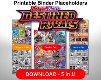 Pokémon Sammelkartenspiel 5-in-1 Binder Seiten Scharlachrot und Violett SV10 Schicksalhafte Rivalen - Master und Komplettes Set (Farbe/Graustufen) + Graded Overlay (Farbe)