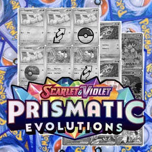 Prismatic Evolutions-masterset (tijdelijke aanduidingen in grijstinten + holofolie en omgekeerd) en complete settracker: uitbreiding scharlaken en violet