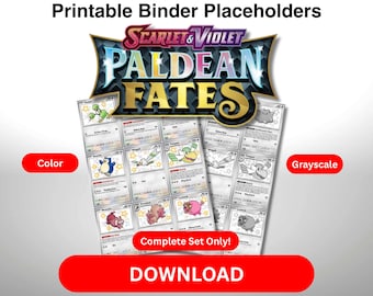 Pokémon Sammelkartenspiel Komplett-Set Platzhalter-Buchseiten PDF Scarlet und Violet Paldean Schicksals-Farbe und Graustufen