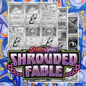 Shrouded Fable Master Set (plaatsaanduidingen in grijstinten + holofolie en omgekeerd) en complete settracker – Scarlet and Violet-uitbreiding