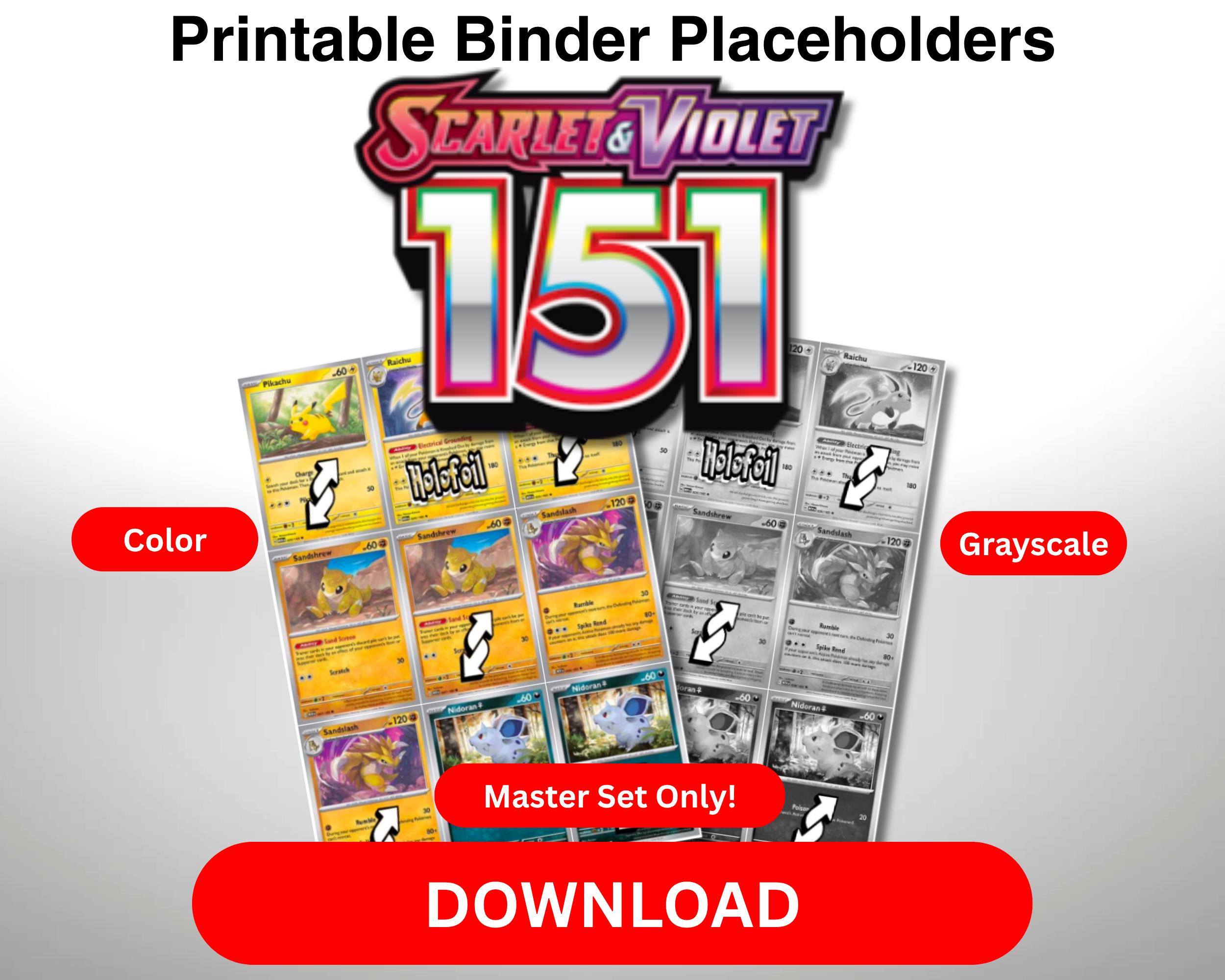 Pokémon TCG Master Set Placeholder Binder Pages PDF Scarlet and Violet Pokemon 151 Color and Grayscale