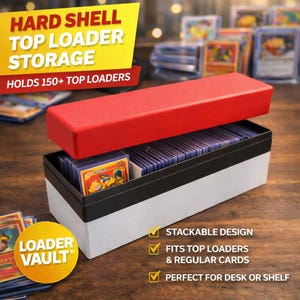May include: A black, white, and red hard shell top loader storage box. The box holds 150+ top loaders and regular cards. The box has a stackable design and is perfect for a desk or shelf. The text "HARD SHELL TOP LOADER STORAGE" is displayed.