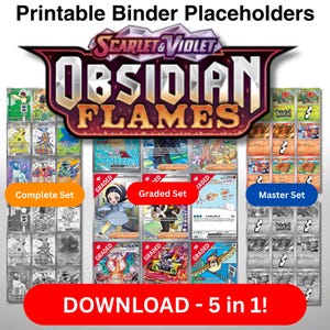 Pokémon TCG 5-in-1 Binder Pages Scarlet and Violet SV3 Obsidian Flames – Master and Complete Sets (Color/Grayscale) + Graded Overlay (Color)