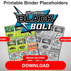 Op de afbeelding: Afdrukbare map-plaatsaanduidingen met gekleurde en grijswaarden ontwerpen voor ruilkaarten. De kaarten tonen verschillende illustraties en de tekst "Scarlet & Violet Black Bolt". Een rode knop leest "Download".