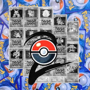May include: A collection of vintage Pokémon trading cards, featuring various holographic designs. The cards are displayed against a backdrop of other Pokémon cards and a stylized Poké Ball logo in red, white, and black.