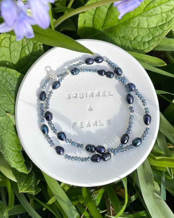 Freshwater Pearl Necklace, Blue Glass Beads, Natural Pearls