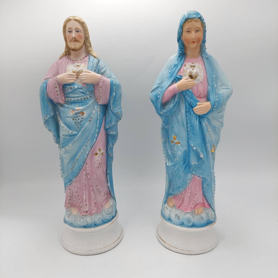 Antique German Bisque Porcelain Sacred Hearts of Jesus & Mary Statues Religious Etsy
