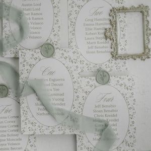 Tarjetas de mesa de jardín verdes atemporales, tarjetas de asiento manuscritas, tarjetas de lugar de boda florales, tarjetas de asiento florales verde salvia