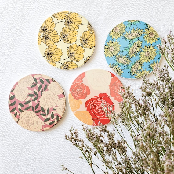 floral ceramic coaster set of 4, ceramic tile art for living room, personalized holiday gift set, housewarming gift for newly wed