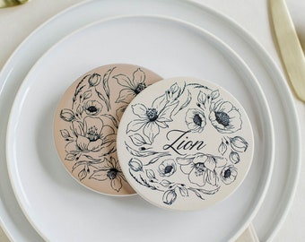 Modern Neutral Floral Coaster, Modern Romantic Wedding, Wedding Coaster, Personalized Ceramic Coaster, Wedding Place card Coaster