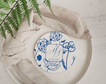 Hydrangea wedding decor, blue floral coaster, blue hydrangea, wedding place card, wedding favors for guests, personalized ceramic coaster