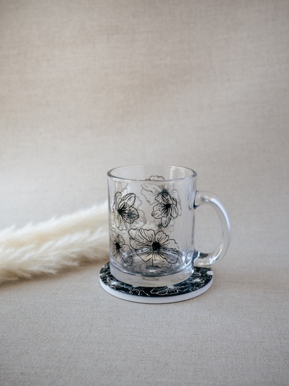 Floral coffee mug, Flower glass cup, flower teacup, cute mug gift set for her, mug gift for coworker, cute desk accessories, wildflower mug