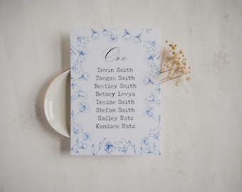 May include: A white card with blue floral border and the word "One" in cursive. The card lists the names Devin Smith, Taegan Smith, Bentley Smith, Betsey Levya, Denise Smith, Stefan Smith, Hadley Natz, and Kandace Natz.