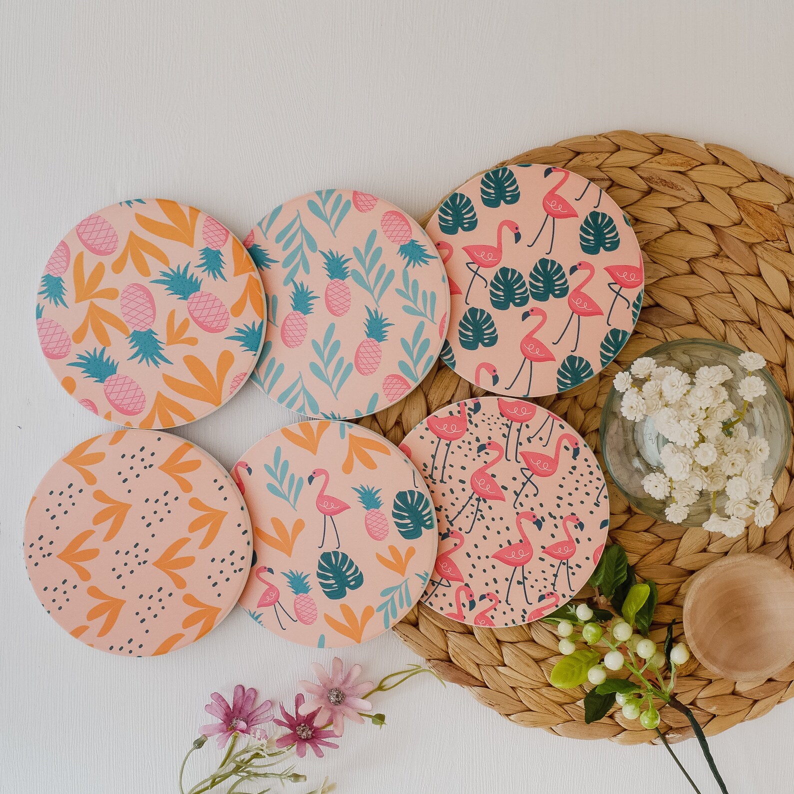 Pool Coasters Summer Coasters, Set of 6 Ceramic Coasters, Pink Flamingo Art, Summer ...
