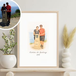 Gepersonaliseerd Camino aquarelportret, gepersonaliseerd, persoonlijk cadeau voor pelgrims, herdenking van de Jacobsweg, ingelijste poster
