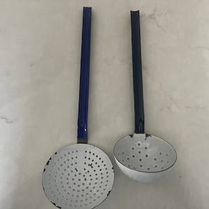 Pair of Vintage Enamel Porcelain White and Blue Skimmer Laddels