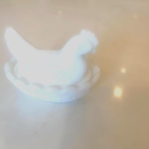 Vintage Small Milk Glass Hen on Basketweave Nest 2 Part Dish