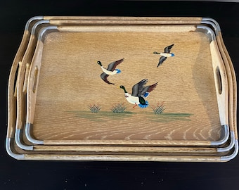 Vintage Set of 3 MCM Jet Line Scenic Geese Wooden and Metal Trays