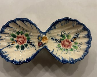 Antique Japanese Open Double Clam Shell Painted Trinket Dish