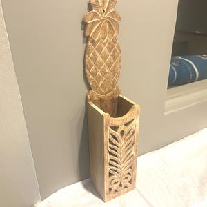 Vintage All Wooden Pineapple Carved Wall Pocket Long Match Stick Holder for Fireplace