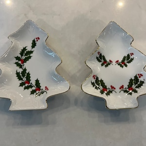 Set of 2 vintage Porcelain Holiday Christmas Tree Shaped Dishes