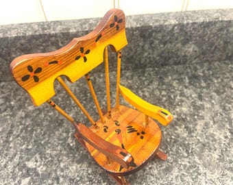 Vintage Hand Painted All Wooden 5 Spindled Backed Miniature Doll Rocking Chair