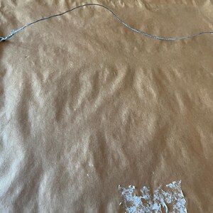 May include: The reverse of a framed picture, with a brown paper backing. A thin, silver wire is stretched across the top for hanging. Metal clips secure the wire to the frame. The paper has some white adhesive residue.
