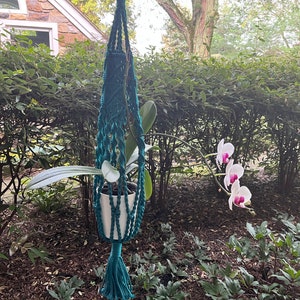 May include: A teal macrame plant hanger with a white pot and a white orchid with pink flowers hanging from it.