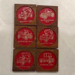 Set of 6 Teak and Leather Embossed Antique Car Coasters