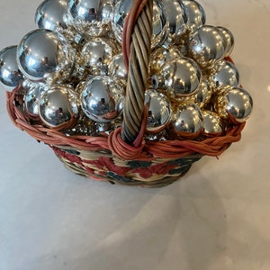 Vintage Poinsettia Basket Full of 51 Silver Mercury Vintage Ornaments