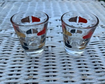 Vintage MCM Atomic Anchor Hocking Florentine Black Orange and Gold Geometric Shot Glasses