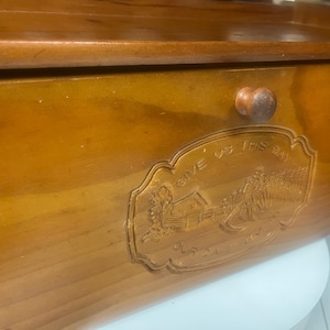 May include: A medium-brown wooden bread box with a roll-top lid and a small round knob. The front panel features an embossed decorative plaque with a rural landscape scene and the engraved text, GIVE US THIS DAY OUR DAILY BREAD.
