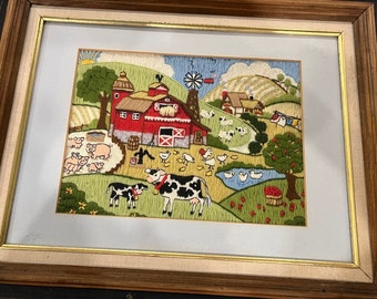 Large Crewel Farm Scene Fiber Art