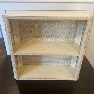 Vintage MCM Wood and Wicker 2 Tier Shelving Unit