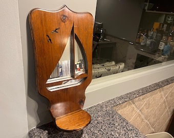 Vintage 1970&#39;s  Sailboat and Sea Gull Wooden and Mirror Wall Hanging Shelf