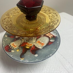 Vintage 3 Tier Colored Holiday Glass Serving Tower