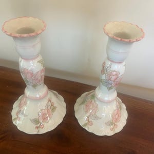 Vintage Pair of Floral Porcelain Candlesticks