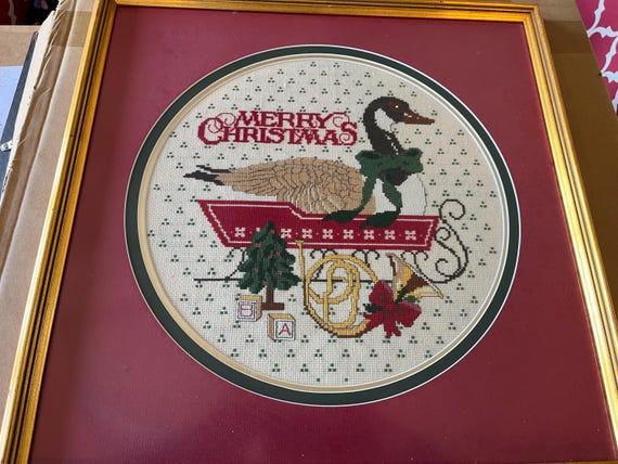 Completed and Framed Merry Christmas Goose on Sleigh Cross Stitch Fiber Art
