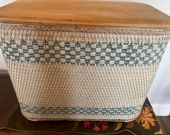 1940' or 50's Wicker and Wood Basketweave Styled Hamper