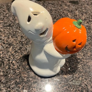 Vintage Ceramic Ghost and Pumpkin Tea Light Holder