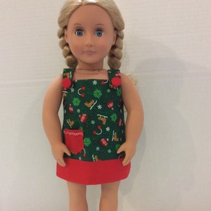 18" Doll Dress-All Buttoned up Sundress with fabric covered buttons, rickrack-trim pocket, snowmen or skates & hats design, fit 18" AG Dolls