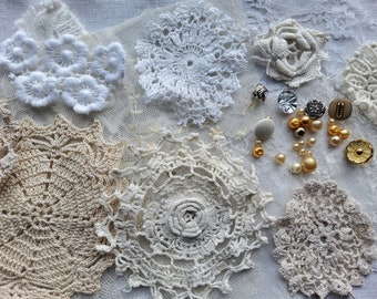 Selection of Vintage Lace, Doily Pieces, Beads and Buttons, Flower making, Sewing, Slow Stitching, Journaling, Arts Nr.1