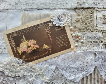 Selection of Vintage Linen, Lace Fabric, Laces, Doily, Applique and Old Postcard, Beads,Sewing, Crafting, Junk Journal,Journaling, Art, Gift