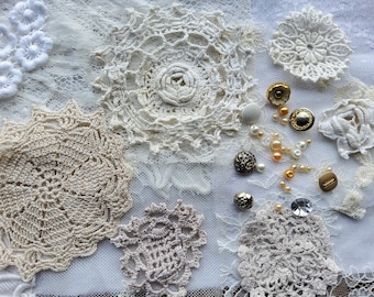 Selection of Vintage Lace, Doily Pieces, Beads and Buttons, Flower making, Sewing, Slow Stitching, Journaling, Arts Nr.4