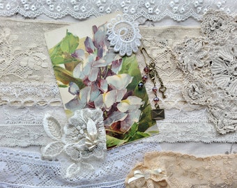 Selection of Vintage Linen, Lace Fabric, Laces, Doily, Applique and Old Postcard, Handmade Dangle, Sewing,Crafting, Junk Journal, Art,Gift